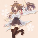  1girl bare_shoulders blush boots breasts brown_eyes brown_hair cherry_blossoms detached_sleeves floral_background hair_ornament hairband headgear japanese_clothes kantai_collection kongou_(kantai_collection) long_hair miko open_mouth personification pink_background skirt smile solo thigh-highs thigh_boots white_s wide_sleeves 