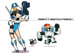 1girl character_request copyright_name cyclops dog gloves gun hand_on_hip helmet kou_(makoto_yabe) looking_back looking_down mighty_switch_force! navel one-eyed patricia_wagon pigeon-toed police robot running smile standing tagme weapon white_background 