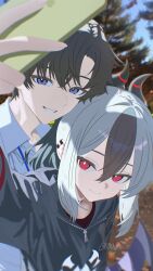  1boy 1girl arm_up black_choker black_hair black_hoodie black_horns blue_archive business_casual choker closed_mouth collared_shirt commentary demon_horns earclip english_commentary hair_between_eyes highres holding holding_phone hood hoodie horns kayoko_(blue_archive) long_hair long_sleeves multicolored_hair phone ponytail red_eyes selfie sensei_(blue_archive) sensei_(blue_archive_the_animation) shi_draco shirt short_hair smile two-tone_hair white_hair 