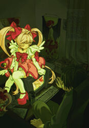  1boy 1girl black_hair black_pants black_sweater bow can choker closed_eyes closed_mouth commentary computer computer_keyboard computer_mouse curtains dark_room dress elbow_gloves english_commentary figure gloves hair_bow hair_intakes heart heart_choker highres indoors long_hair long_sleeves magical_girl original otaku otaku_room pants petticoat pink_dress pink_hair platform_shoes poster_(object) red_bow red_choker red_shoes shoes short_hair sitting sleeveless sleeveless_dress smile sweater terasaka_engawa thigh-highs turtleneck turtleneck_sweater twintails very_long_hair wand white_thighhighs 