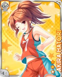  1girl ;d basketball_uniform brown_eyes brown_hair card_(medium) character_name clenched_hands girlfriend_(kari) hatori_akira headband looking_at_viewer multicolored_shirt multicolored_shorts navel official_art one_eye_closed orange_shirt ponytail qp:flapper red_headband shirt shorts sleeveless smile solo sportswear standing yellow_background 