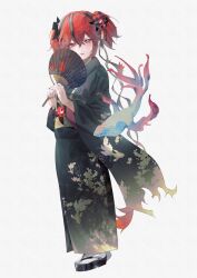  1girl absurdres alternate_costume black_flower black_kimono black_shoes camellya_(wuthering_waves) commentary_request flower flower-shaped_pupils full_body grey_background hair_between_eyes hair_flower hair_ornament hair_vines hand_fan highres holding holding_fan japanese_clothes kimono looking_at_viewer nail_polish red_eyes red_hair red_nails shigureszku shoes short_hair simple_background solo symbol-shaped_pupils tuanshan wuthering_waves 