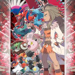  1girl :o artist_name blush blush_stickers bracelet brown_hair brute_bonnet closed_mouth colored_sclera commentary company_name copyright_notice crop_top dragon english_commentary eyelashes fangs fingernails flutter_mane forked_tongue from_side green_eyes hand_in_pocket highres holding holding_poke_ball instagram_username jacket jewelry koraidon lab_coat lips long_hair magnet master_ball merchandise_available midriff nail_polish navel nostrils official_style one-eyed open_clothes open_jacket open_mouth orange_nails orange_shirt orange_shorts outline poke_ball pokemon pokemon_(creature) pokemon_sv professor_sada red_sclera roaring_moon sandy_shocks scream_tail screw sharp_teeth shirt shorts slit_pupils slither_wing teeth tom_higgins tongue v-shaped_eyebrows v-shaped_eyes watermark white_jacket white_outline yellow_eyes 