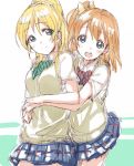  2girls :o ayase_eli blonde_hair blue_eyes blush brown_hair hug hug_from_behind kousaka_honoka light_smile love_live!_school_idol_project multiple_girls one_side_up open_mouth ponytail s@ki_kilisawa school_uniform sketch sweater_vest 