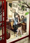  1girl :p bird birdcage black_hair book cage chair chinese_clothes clock cotta eating food green_eyes hair_rings hair_tubes highres kneehighs leaf long_hair luo_tianyi painting_(object) sitting skirt spoon table tongue vase vocaloid window 