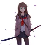  1girl black_legwear brown_hair cardigan curly_hair earrings frown green_eyes hair_ornament hairclip hands_in_pockets highres jewelry katana long_hair looking_at_viewer meso-meso original pantyhose petals school_uniform sheath sheathed solo standing sword weapon white_background 