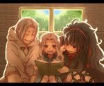  1boy 2girls azami_(kagerou_project) black_hair book closed_eyes dress family father_and_daughter highres hoodie husband_and_wife kagerou_project long_hair mother_and_daughter multiple_girls red_eyes shion_(kagerou_project) short_hair smile tsukihiko_(kagerou_project) unomi_(makiron910) very_long_hair white_hair 