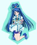  1girl arm_warmers bike_shorts blue_dress blue_eyes blue_hair boots butterfly_hair_ornament cure_aqua detached_sleeves dress earrings evalet fingerless_gloves gloves hair_ornament highres jewelry light_smile long_hair looking_at_viewer magical_girl minazuki_karen ponytail precure puffy_sleeves shirt shorts shorts_under_skirt skirt solo yes!_precure_5 yes!_precure_5_gogo! 