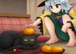  1girl barefoot cat food fruit green_eyes hat heart iromeki_overdrive kaenbyou_rin kaenbyou_rin_(cat) komeiji_koishi orange short_hair silver_hair skirt smile solo third_eye touhou 