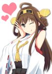  1girl bare_shoulders blush brown_eyes brown_hair detached_sleeves double_bun heart highres kantai_collection kongou_(kantai_collection) long_hair nontraditional_miko shigure-p solo tongue tongue_out wink 