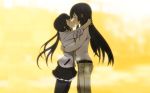  2girls akiyama_mio black_hair closed_eyes highres hug k-on! kiss long_hair multiple_girls nakano_azusa sasaken thigh-highs twintails yuri 