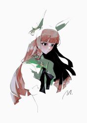  1girl absurdres animal_ears blunt_bangs bow brown_hair ear_covers hairband highres horse_ears horse_girl long_hair orange_hair ringring_(artist) signature silence_suzuka_(umamusume) simple_background solo umamusume white_background white_hairband 