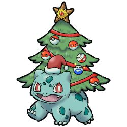 alternate_color animal_ears bright_pupils bulbasaur character_ornament christmas christmas_ornaments christmas_tree clothed_pokemon commentary commission creatures_(company) electrode_(pokemon) english_commentary fangs full_body game_freak gen_1_pokemon hat highres nintendo no_humans nostrils olm_digital open_mouth poke_ball poke_ball_(basic) pokemon pokemon_(creature) pokemon_focus poltartgeist red_eyes red_hat santa_hat second-party_source shiny_pokemon smile solo sparkle staryu transparent_background voltorb white_pupils