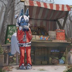  1girl animal_ears blue_skin colored_skin commentary_request extra_ears fingerless_gloves fox_ears fox_girl fox_tail ginkaku_(kemono_friends) gloves grey_hair highres horns japari_symbol jersey kemono_friends kemono_friends_3 long_hair mcgunngu outdoors scarf shoes skirt solo tail yellow_eyes 
