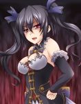  1girl anti_(untea9) bare_shoulders black_hair breasts choujigen_game_neptune cleavage hair_ornament long_hair looking_down noire open_mouth red_eyes solo twintails 