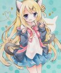  1girl :d animal_ears blonde_hair blue_eyes bow bowtie cat_ears cat_tail character_name colored_pencil_(medium) hair_ornament hairclip heart heart_of_string hoodie kemonomimi_mode kin&#039;iro_mosaic kujou_karen long_hair moyo off_shoulder open_hoodie open_mouth paw_pose pleated_skirt school_uniform skirt smile solo tail traditional_media union_jack very_long_hair watercolor_(medium) watercolor_pencil_(medium) 