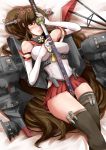  1girl bare_shoulders blush breasts brown_eyes brown_hair brown_legwear cannon flower hair_flower hair_ornament japanese_clothes kantai_collection katana long_hair lying personification ponytail skirt smile solo sword tenko_(gintenko) thighhighs turret very_long_hair weapon yamato_(kantai_collection) 