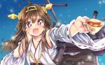  +_+ 1girl :d ahoge bare_shoulders blush breasts brown_hair cleavage cup detached_sleeves hairband hand_on_own_cheek headgear japanese_clothes kamiya_zuzu kantai_collection kongou_(kantai_collection) long_hair looking_at_viewer open_mouth personification smile solo tea teacup wide_sleeves 