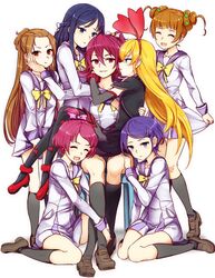  6+girls aida_mana blonde_hair blue_eyes blue_hair blush brown_eyes brown_hair closed_eyes dokidoki!_precure double_bun hair_ornament half_updo hand_on_another&#039;s_cheek hand_on_another&#039;s_face harem hishikawa_rikka hug kenzaki_makoto leg_hug long_hair madoka_aguri minatsuki_randoseru multiple_girls open_mouth pantyhose pimp pink_eyes pink_hair ponytail precure purple_hair regina_(dokidoki!_precure) revision sharuru_(dokidoki!_precure) short_hair sitting sitting_on_lap sitting_on_person smile violet_eyes yotsuba_alice yuri 