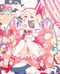  1girl bat_wings blonde_hair book bow character_doll checkered crescent dress flandre_scarlet hat hat_bow highres knees_together_feet_apart long_hair looking_at_viewer mikoma_sanagi patchouli_knowledge pillow purple_hair red_eyes remilia_scarlet revision short_hair short_sleeves side_ponytail sitting solo star stuffed_animal stuffed_cat stuffed_toy stuffing teddy_bear touhou violet_eyes wings 