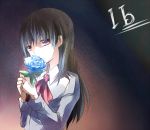  1girl blue_rose brown_hair copyright_name flower holding holding_flower ib ib_(ib) long_hair natural_wind red_eyes rose solo 