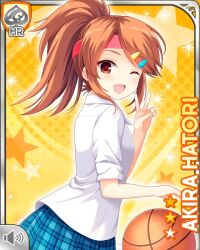  1girl ;d ball basketball_(object) blue_skirt brown_eyes brown_hair card_(medium) character_name dribbling_(basketball) from_side girlfriend_(kari) hair_ornament hairclip hatori_akira headband looking_at_viewer official_art one_eye_closed plaid_clothes plaid_skirt pleated_skirt ponytail qp:flapper red_headband school_uniform shirt shirttail skirt sleeves_rolled_up smile solo standing v white_shirt yellow_background 