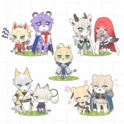  3girls 6+boys animal_crossing animalization armor artoria_pendragon_(fate) axe bedivere_(fate) bird blue_eyes blush_stickers brown_eyes cape cat closed_eyes deer fate/grand_order fate_(series) fur-trimmed_cape fur_trim galahad_(fate) gareth_(fate) gawain_(fate) green_eyes grid_background hair_over_one_eye holding holding_axe holding_shovel knights_of_the_round_table_(fate) lancelot_(fate/grand_order) lil1dove lion mordred_(fate) multiple_boys multiple_girls open_mouth parody percival_(fate) shovel smile tiger tristan_(fate) violet_eyes wolf 