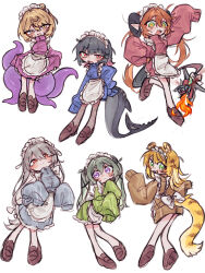  6+girls alexandrina_sebastiane animal_ears apron black_hair blonde_hair blush brown_shoes commentary_request corin_wickes cowlick deformed dragon_girl dragon_horns ellen_joe enmaided fins fish_tail full_body green_eyes green_hair grey_hair highres horns jersey_maid ju_fufu loafers magus_(zenless_zone_zero) maid maid_apron maid_headdress multiple_girls orange_hair orphie_magnusson pointy_ears red_eyes red_pupils shark_girl shark_tail shoes siiaka023 simple_background sleeves_past_fingers sleeves_past_wrists tail tentacle_girl tentacle_tail tiger_ears tiger_girl tiger_tail twintails unconventional_maid violet_eyes white_apron white_background white_headdress yellow_eyes yidhari_murphy zenless_zone_zero 