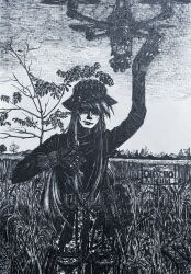  1girl belt belt_pouch black_gloves bonnet bordfunker133 camouflage camouflage_pants cargo_pants digital_camouflage drone evgenia_blinova gloves greyscale hat highres long_hair long_sleeves looking_at_another looking_at_viewer mole mole_above_mouth mole_on_cheek monochrome neco-arc original outdoors pants photo_(medium) pouch russo-ukrainian_war smile soldier solo tactical_gloves thumbs_up translation_request tree 