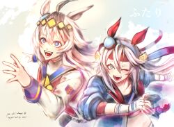  2girls ahoge animal_ears blanace blue_eyes blue_hairband blue_jacket blue_sailor_collar blue_sports_bra blush breasts brooch collarbone crop_top ear_covers ear_ornament fangs fingerless_gloves gloves grey_hair grin hair_between_eyes hair_ornament hairband headband highres horse_ears horse_girl jacket jewelry lightning_bolt_print lightning_bolt_symbol long_hair long_sleeves midriff multicolored_hair multiple_girls neckerchief oguri_cap_(starlight_beat)_(umamusume) oguri_cap_(umamusume) one_eye_closed open_mouth red_headband red_neckerchief running sailor_collar shirt small_breasts smile sports_bra star_brooch striped_clothes striped_hairband tamamo_cross_(umamusume) tamamo_cross_(with_lightning_speed)_(umamusume) teeth umamusume umamusume:_cinderella_gray very_long_hair white_jacket white_shirt 