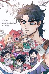  1girl 6+boys aqua_dress aqua_eyes birthmark black_coat black_hair blonde_hair boots bouquet branch brown_boots bruford character_name chibi circlet coat commentary crossed_legs danny_(jojo) dated dio_brando dog dress eating erina_pendleton facial_hair flower food food_on_face frilled_dress frills george_joestar hat highres holding holding_flower holding_food indian_style joestar_birthmark jojo_no_kimyou_na_bouken jonathan_joestar kneeling long_dress long_hair multiple_boys mustache mutsuki_(mutuki05) necktie orange_eyes phantom_blood red_flower red_necktie red_rose robert_e._o._speedwagon rose sandwich sitting star_(symbol) sword thick_eyebrows top_hat weapon will_anthonio_zeppeli yellow_eyes 