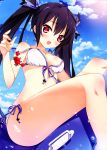  1girl :o bikini black_hair blush breasts choujigen_game_neptune crab front-tie_bikini highres inflatable_whale kaho_okashii legs noire red_eyes side-tie_bikini swimsuit twintails wardrobe_malfunction white_bikini white_swimsuit 