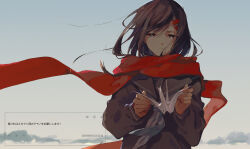  1girl black_hair black_sailor_collar black_serafuku blue_sky closed_mouth clouds commentary_request fuyuki_eru hair_between_eyes hair_ornament hairclip highres holding kagerou_project long_sleeves neckerchief origami outdoors paper_crane red_scarf sailor_collar scarf school_uniform serafuku sky solo tateyama_ayano translation_request upper_body white_neckerchief 