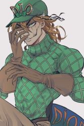  1boy blonde_hair brown_gloves brown_pants commentary_request cracked_skin diego_brando dinosaur_tail glasgow_smile gloves green_eyes green_hat green_sweater hat highres jojo_no_kimyou_na_bouken male_focus medium_hair mutsuki_(mutuki05) pants scary_monsters_(stand) smile solo sparkle steel_ball_run sweater tail turtleneck turtleneck_sweater 