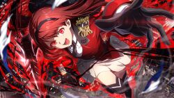  1girl black_boots black_gloves black_hairband black_necktie boots city commentary_request epaulettes flying foot_out_of_frame game_cg gloves hairband holding holding_weapon idol_heroes_(idolmaster) idolmaster idolmaster_million_live! idolmaster_million_live!_theater_days jacket long_hair long_sleeves looking_at_viewer necktie official_alternate_costume official_art open_mouth red_aura red_eyes red_hair red_jacket skirt solo tanaka_kotoha tanaka_kotoha_(thanatos_empress) thigh_boots third-party_source weapon white_skirt 