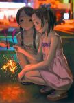  2girls blurry braid brown_eyes brown_hair collarbone depth_of_field dress fireworks flat_chest futuregraph grin hands_on_knees highres multiple_girls murata_renji out_of_frame sandals scan smile sparkler squatting twin_braids two_side_up 