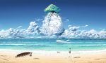  beach boat branch brown_hair clouds dog egg footprints highres inoki ocean original shirt surreal tree waves whale white_shirt 