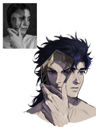  2boys blonde_hair blue_eyes blue_hair broken_mided_mirrors commentary_request different_reflection dio_brando glass_shard glass_shards highres holding_glass_shard jojo_no_kimyou_na_bouken jonathan_joestar male_focus medium_hair multiple_boys parted_lips phantom_blood photo_inset red_eyes reference_inset reflection simple_background upper_body white_background zxor1q0 