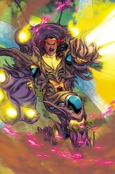  1boy artist_collaboration black_facial_hair black_hair bodysuit boots comic_cover commentary covered_abs crack dust_cloud english_commentary facial_hair firing floating_hair forge_(x-men) fringe_trim gloves hair_pulled_back headband highres initial male_focus marvel matt_wilson mature_male multicolored_bodysuit muscular muscular_male mustache official_art open_mouth ponytail red_headband russell_dauterman slime_(substance) solo x-men x-uniform yellow_bodysuit yellow_boots yellow_gloves 