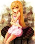  1girl blonde_hair dress hebinuma long_hair monogatari_(series) nisemonogatari oshino_shinobu table yellow_eyes 