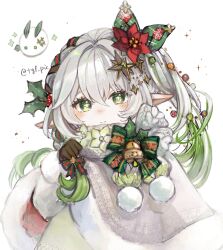  1girl blush bow brown_gloves christmas christmas_ornaments christmas_star cloak commentary_request cute fur-trimmed_cloak fur_trim genshin_impact gloves green_bow highres hoyoverse light_smile loli looking_at_viewer multicolored_hair nahida_(genshin_impact) pointy_ears red_cloak tgf_pic white_cloak 