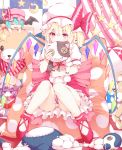  bat_wings blonde_hair book bow character_doll checkered crescent dress flandre_scarlet hat hat_bow highres knees_together_feet_apart long_hair looking_at_viewer mikoma_sanagi patchouli_knowledge pillow purple_hair red_eyes remilia_scarlet short_hair short_sleeves side_ponytail sitting star stuffed_animal stuffed_cat stuffed_toy stuffing teddy_bear touhou violet_eyes wings 