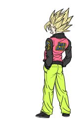  1boy alternate_costume apron black_jacket blonde_hair dragon_ball dragon_ball_z earrings english_text fenyon from_behind full_body green_eyes green_pants hands_in_pockets highres jacket jewelry male_focus pants pink_apron potara_earrings simple_background smirk solo spiky_hair super_saiyan super_saiyan_1 vegetto white_background 
