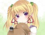  1girl alternate_hairstyle blonde_hair blush bust hair_ornament hair_ribbon hammer_(sunset_beach) hat hat_removed headwear_removed long_hair looking_at_viewer moriya_suwako payot ribbon solo touhou twintails violet_eyes 