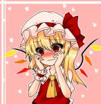  1girl ascot blonde_hair blush bow dress flandre_scarlet hands_on_own_cheeks hands_on_own_face hat hat_bow heart koyashaka mob_cap pink_background red_dress red_eyes short_sleeves side_ponytail solo touhou wavy_mouth wings wrist_cuffs 