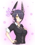  1girl blush eyepatch flower frown hand_on_breast hand_on_hip headgear k_do kantai_collection necktie personification purple_hair short_hair solo sweatdrop tenryuu_(kantai_collection) yellow_eyes 