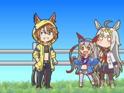  3girls ahoge animal_ears belt black_choker black_pants black_pantyhose black_shirt blank_eyes blue_hairband blue_jacket blue_sailor_collar blue_skirt blue_sky blue_sports_bra blush boots brooch brown_hair choker collarbone commentary_request crop_top dicta_striker_(umamusume) ear_covers ear_ornament ears_through_headwear ears_through_hood fang fence fingerless_gloves gloves grass grey_hair grey_tail grin hair_between_eyes hair_ornament hairband headband hood hooded_jacket hoodie horse_ears horse_girl horse_tail jacket jewelry lightning_bolt_print lightning_bolt_symbol long_hair long_sleeves midriff mr._ebidou multicolored_hair multiple_girls navel neckerchief no_mouth oguri_cap_(starlight_beat)_(umamusume) oguri_cap_(umamusume) open_mouth pants pantyhose pleated_skirt red_belt red_headband red_neckerchief sailor_collar shirt short_hair skirt sky smile sports_bra star_brooch streaked_hair striped_clothes striped_hairband tail tamamo_cross_(umamusume) tamamo_cross_(with_lightning_speed)_(umamusume) teeth umamusume umamusume:_cinderella_gray very_long_hair white_boots white_hair white_jacket white_pants white_shirt yellow_hood yellow_hoodie yellow_jacket 