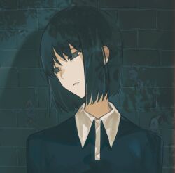  1girl absurdres blue_dress bob_cut brick_wall brown_eyes collared_dress commission commissioner_upload dress exhausted hair_between_eyes highres hikikomori_alien looking_to_the_side nakahara_misaki nhk_ni_youkoso! non-web_source open_mouth shadow short_hair yuishironeko 