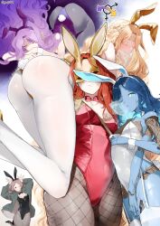  1boy 4girls animal_ears black_pantyhose blonde_hair blue_hair blue_skin breasts brown_hair carrying_over_shoulder charles_(gu599) colored_skin cracked_skin crossdressing crossdressing_(mtf) detached_collar doll_joints elden_ring elden_ring:_shadow_of_the_erdtree extra_arms extra_faces fake_animal_ears fishnet_pantyhose fishnets garter_straps highres hood hooded_jacket jacket joints leotard looking_at_viewer malenia_blade_of_miquella melina_(elden_ring) miquella_(elden_ring) multiple_girls pantyhose playboy_bunny purple_hair rabbit_ears rabbit_pose rabbit_tail ranni_the_witch red_hair st._trina_(elden_ring) strapless strapless_leotard tail thigh-highs trap white_pantyhose 