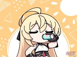  1girl :t ahoge angry animated animated_gif bare_shoulders black_background black_gloves blonde_hair can chinese_commentary commentary_request drink_can drinking earrings gloves half-closed_eyes highres holding holding_can jewelry long_hair noya_(stella_sora) official_art pout shirt single_earring sleeveless sleeveless_shirt soda_can solo speech_bubble spit_take spitting star-shaped_pupils star_(symbol) stella_sora symbol-shaped_pupils underbust v-shaped_eyebrows yellow_background 